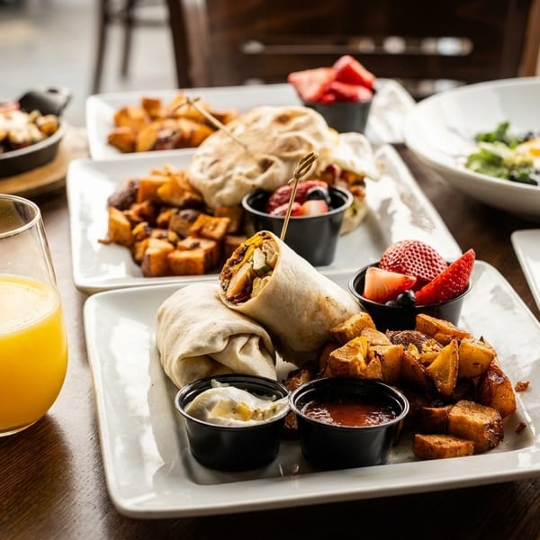 A table laden with various breakfast dishes including burritos, fried potatoes, eggs, and orange juice.