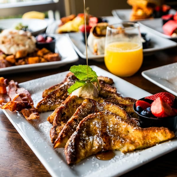 A table laden with various breakfast dishes, including French toast, waffles, bacon, and orange juice.