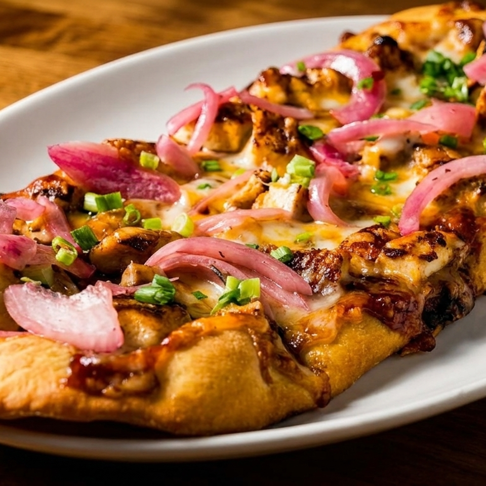 BBQ chicken flatbread with melted cheese, red onions, and green onions on a white plate.