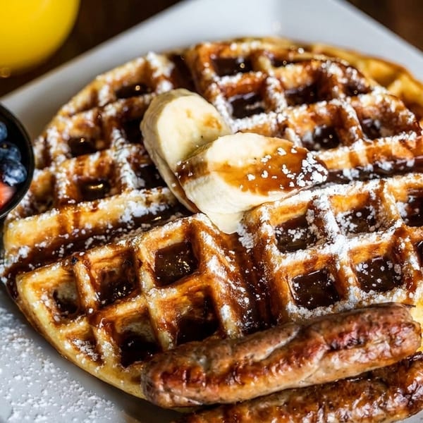 A waffle topped with bananas, syrup, powdered sugar, sausage links, and a side of berries.