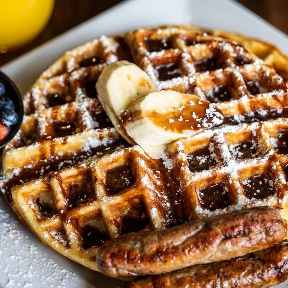 A waffle topped with bananas, syrup, powdered sugar, sausage links, and a side of berries.