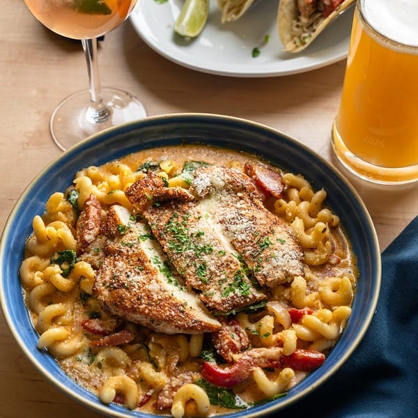 Table spread featuring creamy chicken pasta, three tacos, a citrus cocktail, and a pint of orange beer.