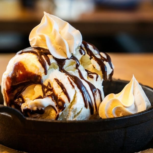 Vanilla ice cream with chocolate syrup and whipped cream in a black cast iron dish.