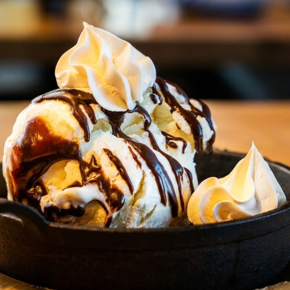 Vanilla ice cream with chocolate syrup and whipped cream in a black cast iron dish.