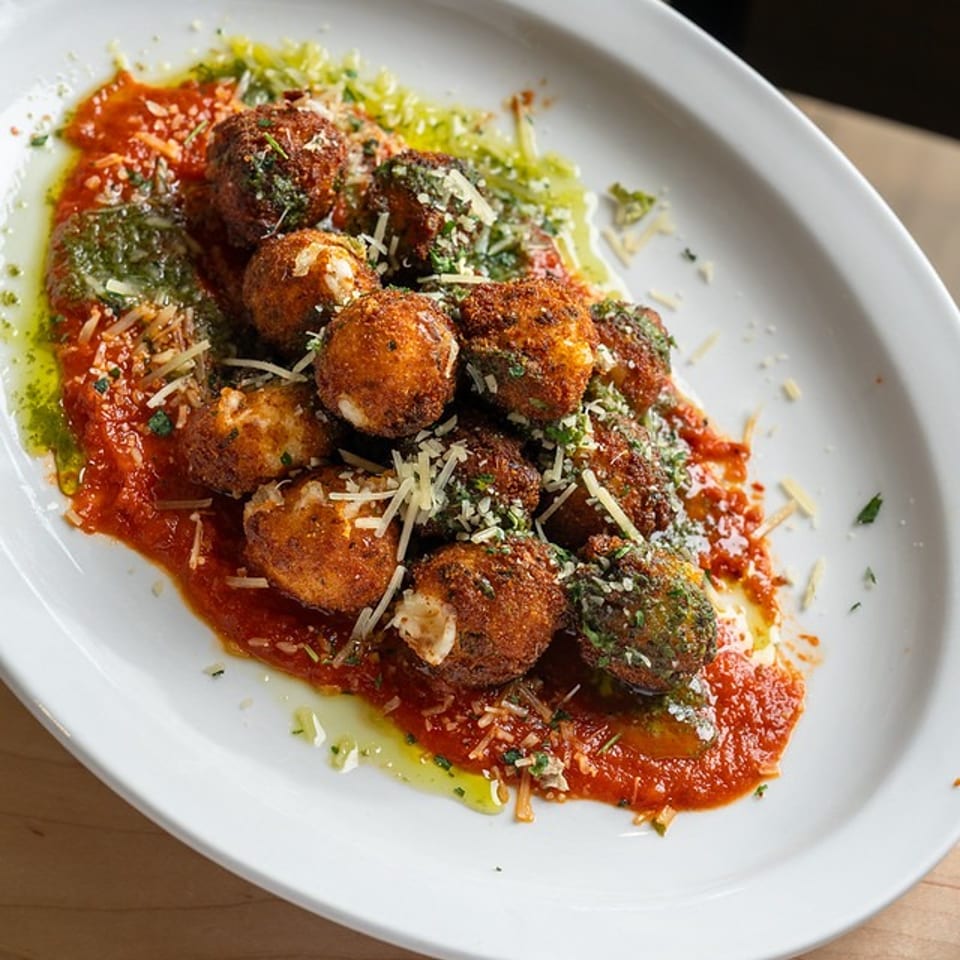 Crispy meatballs topped with grated cheese and herbs, served over tomato sauce and green herb oil on a white plate.